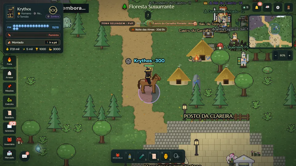 Mago a cavalo saindo de um refúgio para a floresta em Ecos de Aora, um RPG online para iniciantes