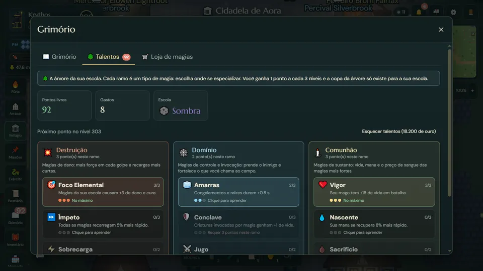 Árvore de talentos de magia em Ecos de Aora